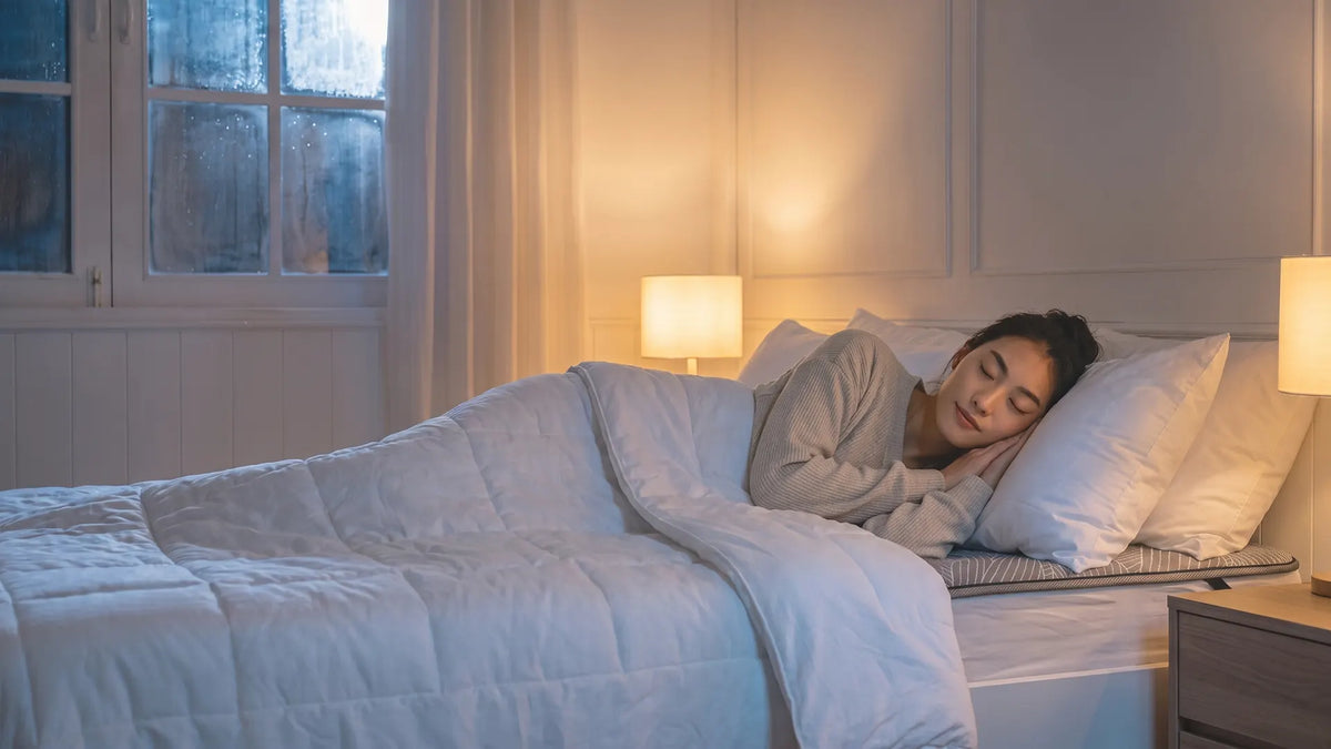 Woman sleeping comfortably under a white quilt with a temperature-controlled mattress topper on a rainy night